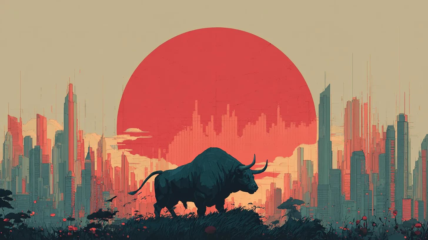 Ukiyo-e styled skyline of a fast-growing capital market at dawn